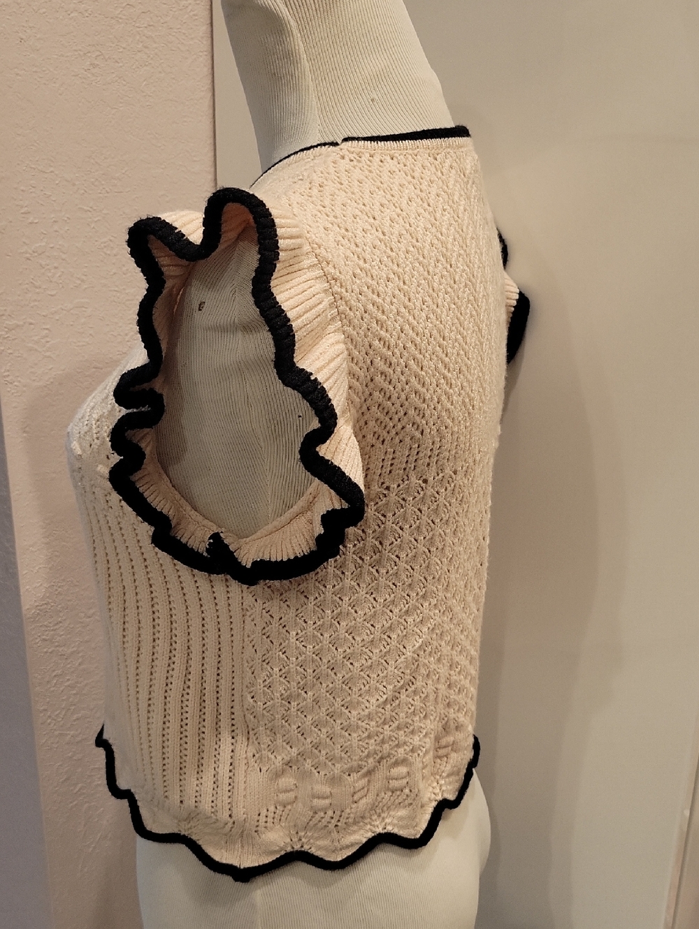Cream Knit Ruffle Sleeve Top with Black Trim - Picture 3 of 6